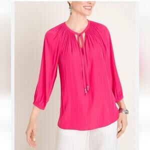 Chico Top Fuchsia Pink Shirred Loose Tie-Neck Raglan-Sleeve Sz 2/L (12/14)